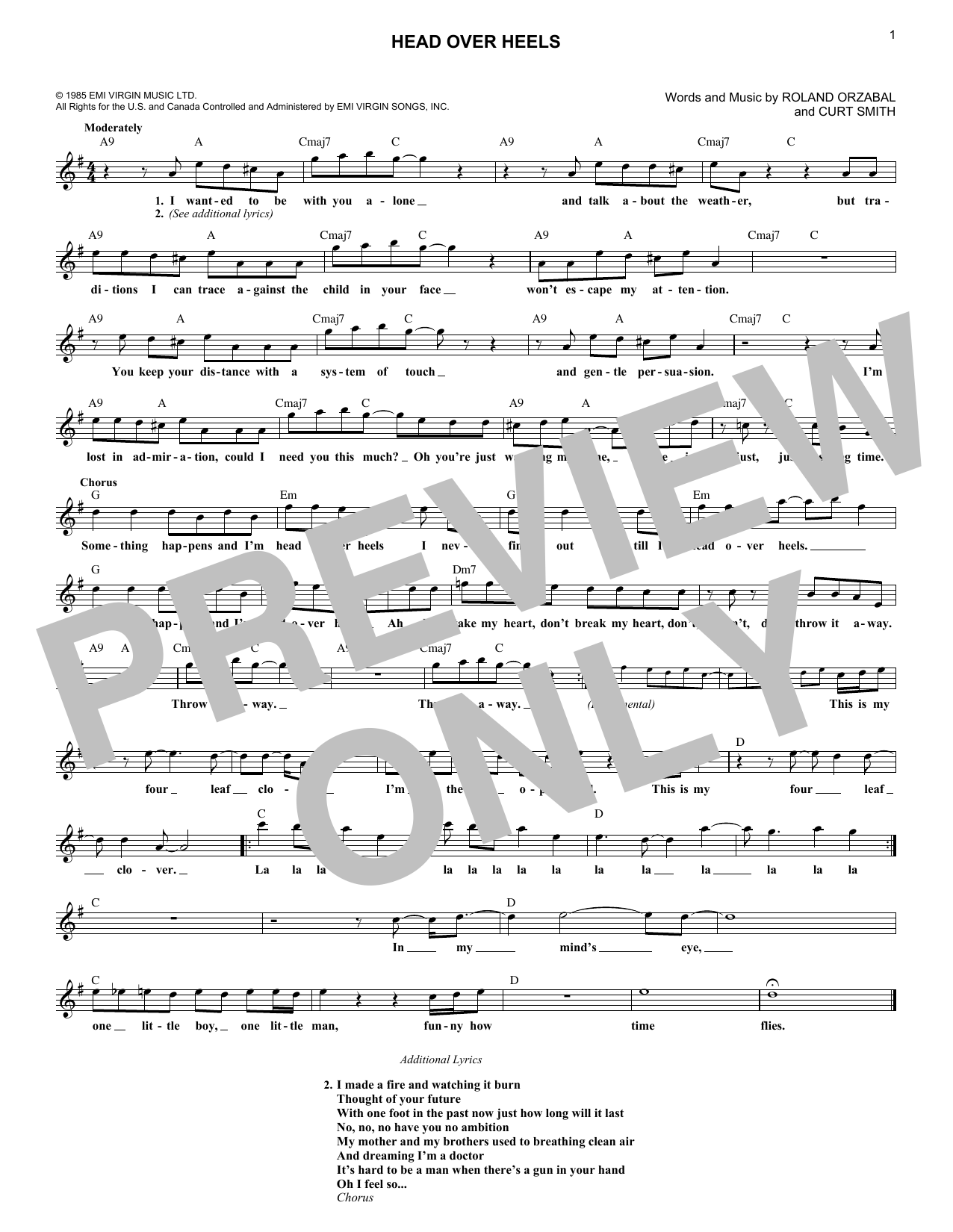 Download Tears for Fears Head Over Heels Sheet Music and learn how to play Melody Line, Lyrics & Chords PDF digital score in minutes