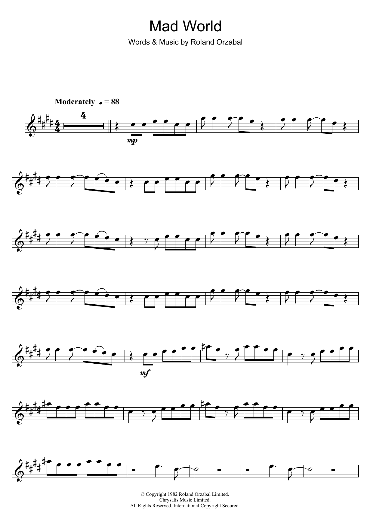 Download Tears for Fears Mad World Sheet Music and learn how to play Violin PDF digital score in minutes