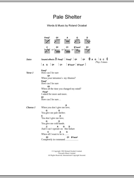 Download Tears for Fears Pale Shelter Sheet Music and learn how to play Lyrics & Chords PDF digital score in minutes