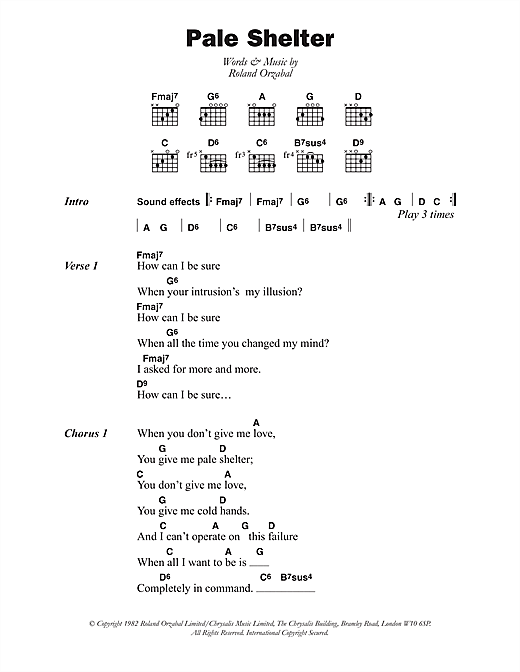 Download Tears for Fears Pale Shelter Sheet Music and learn how to play Lyrics & Chords PDF digital score in minutes