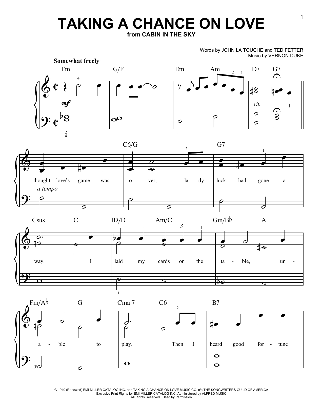 Download Ted Fetter Taking A Chance On Love Sheet Music and learn how to play Very Easy Piano PDF digital score in minutes