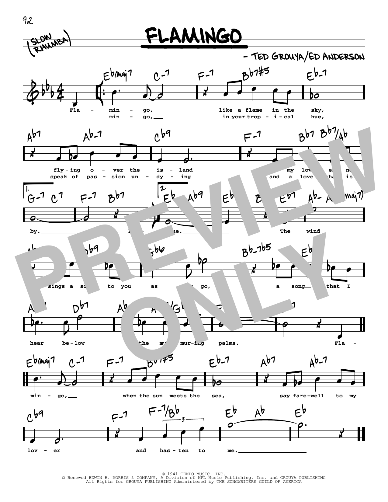 Download Ted Grouya Flamingo (High Voice) Sheet Music and learn how to play Real Book – Melody, Lyrics & Chords PDF digital score in minutes