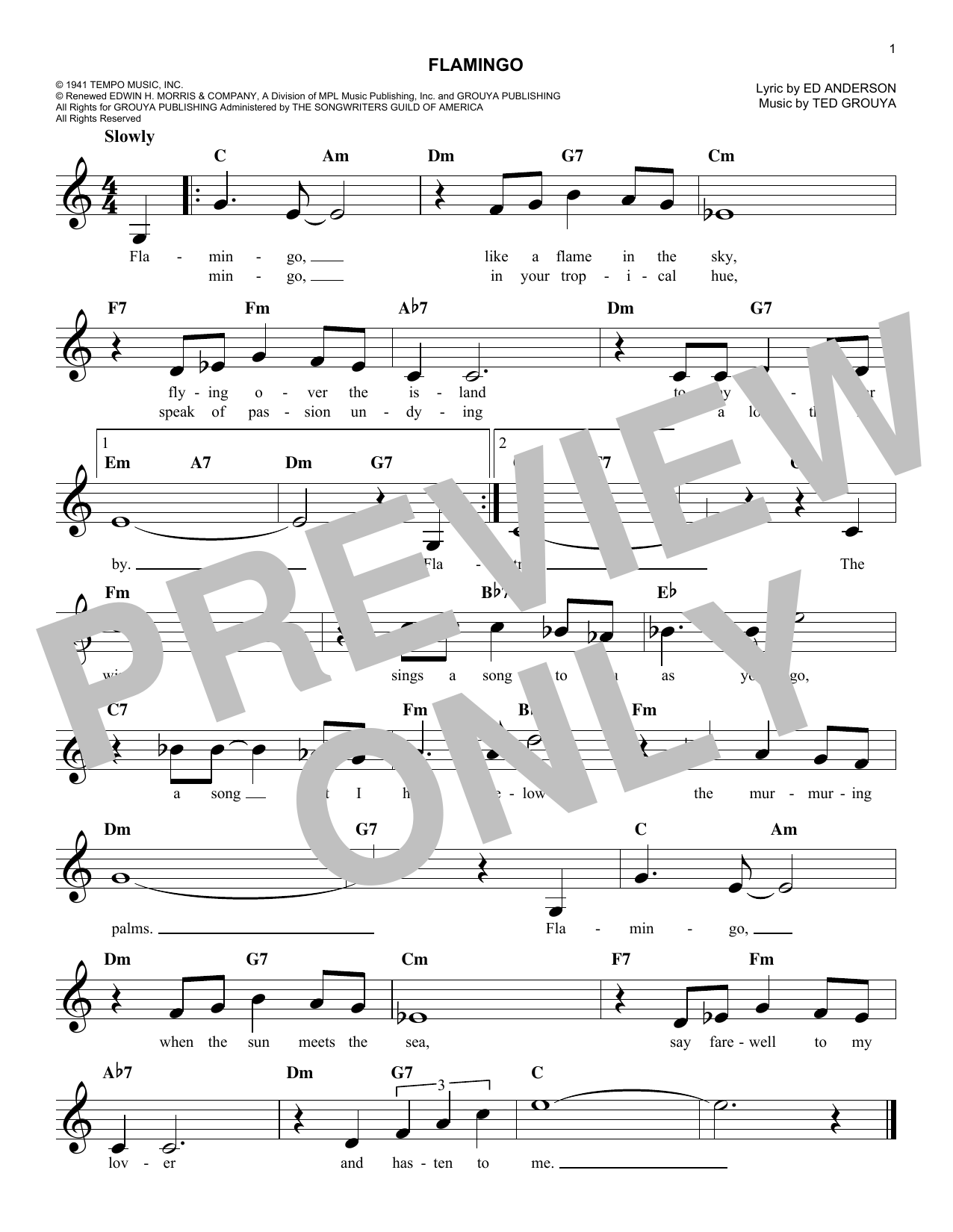 Download Ted Grouya Flamingo Sheet Music and learn how to play Melody Line, Lyrics & Chords PDF digital score in minutes
