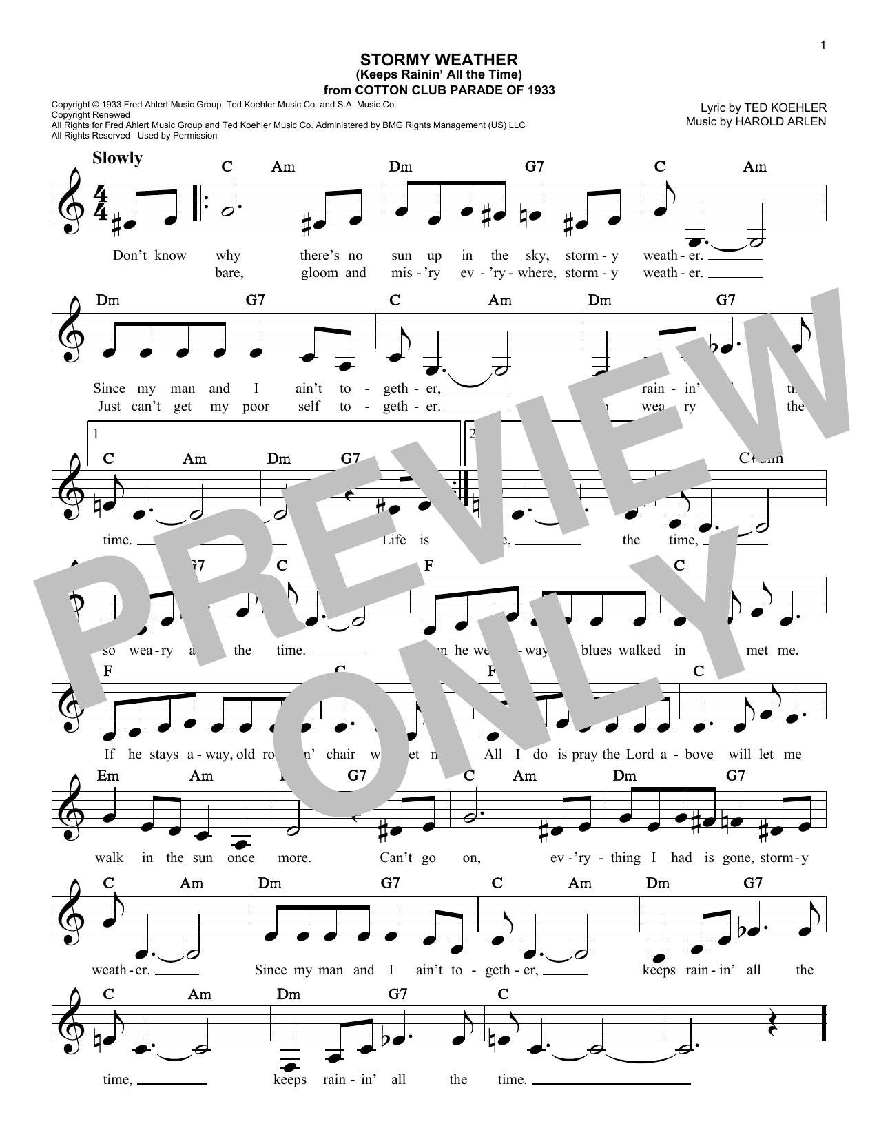 Download Ted Koehler & Harold Arlen Stormy Weather (Keeps Rainin' All The Time) Sheet Music and learn how to play Lead Sheet / Fake Book PDF digital score in minutes