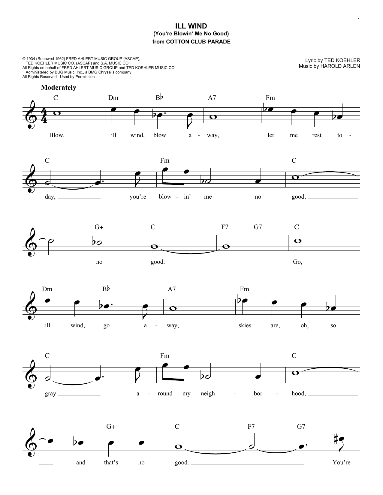 Download Ted Koehler Ill Wind (You're Blowin' Me No Good) Sheet Music and learn how to play Melody Line, Lyrics & Chords PDF digital score in minutes