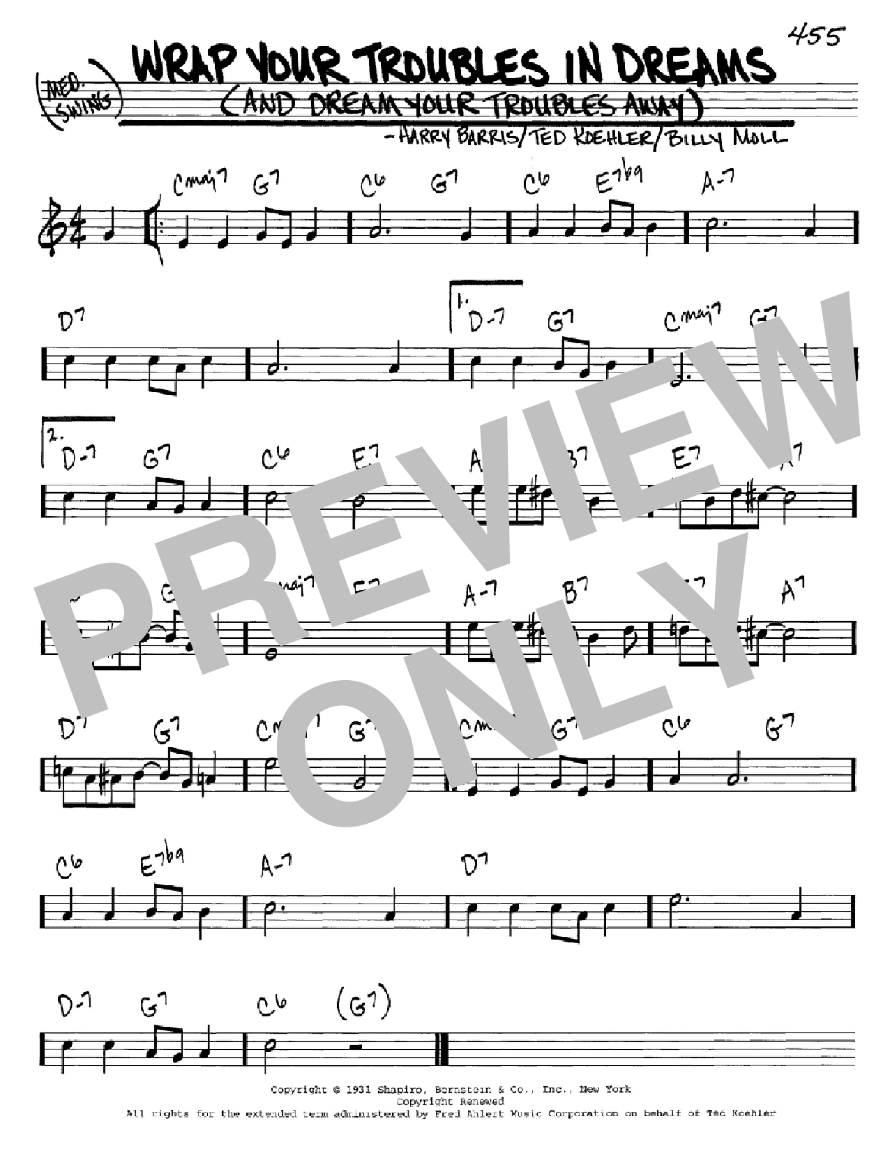 Download Ted Koehler Wrap Your Troubles In Dreams (And Dream Your Troubles Away) Sheet Music and learn how to play Real Book - Melody & Chords - C Instruments PDF digital score in minutes