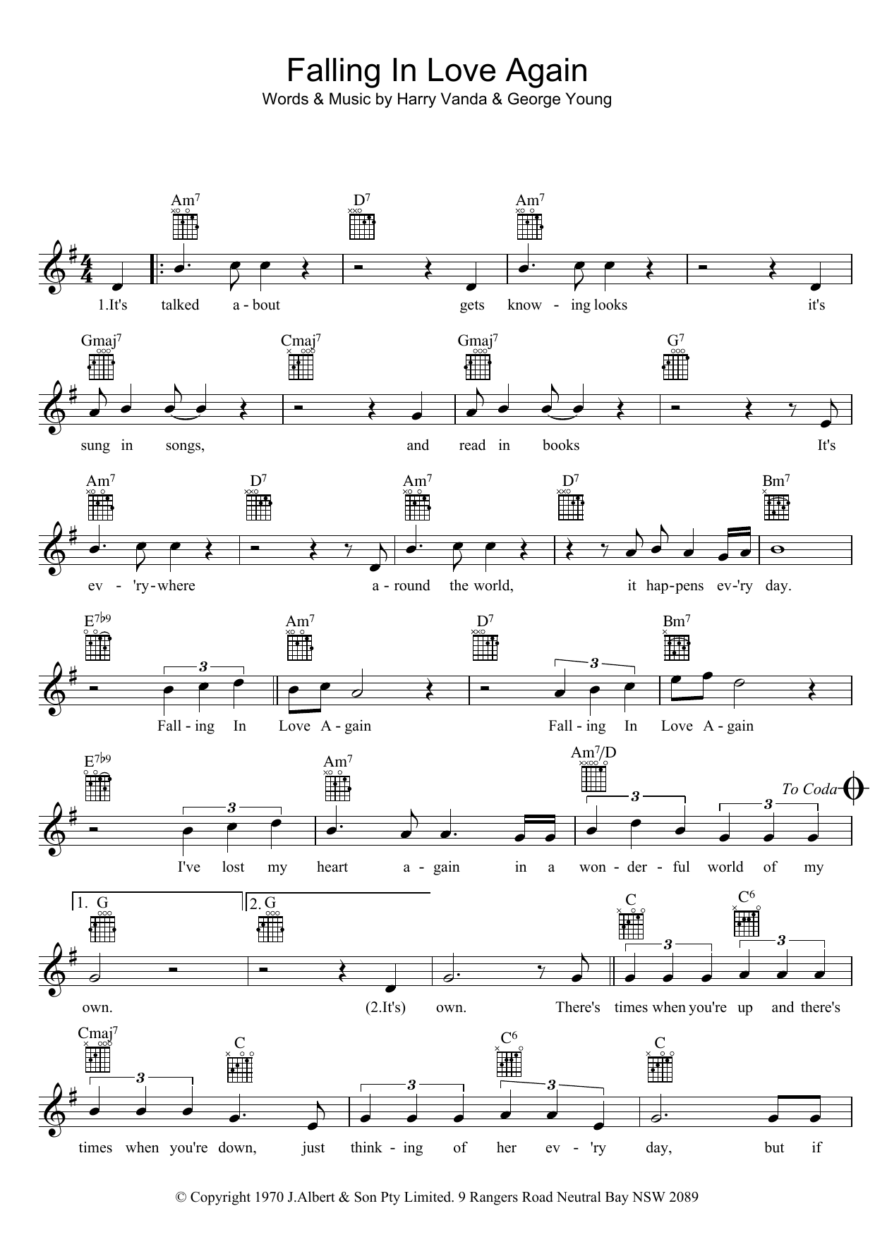 Download Ted Mulry Falling In Love Again Sheet Music and learn how to play Melody Line, Lyrics & Chords PDF digital score in minutes