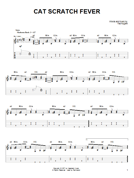 Download Ted Nugent Cat Scratch Fever Sheet Music and learn how to play Piano, Vocal & Guitar (Right-Hand Melody) PDF digital score in minutes
