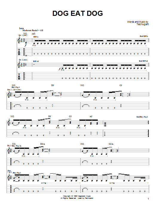 Download Ted Nugent Dog Eat Dog Sheet Music and learn how to play Guitar Tab PDF digital score in minutes