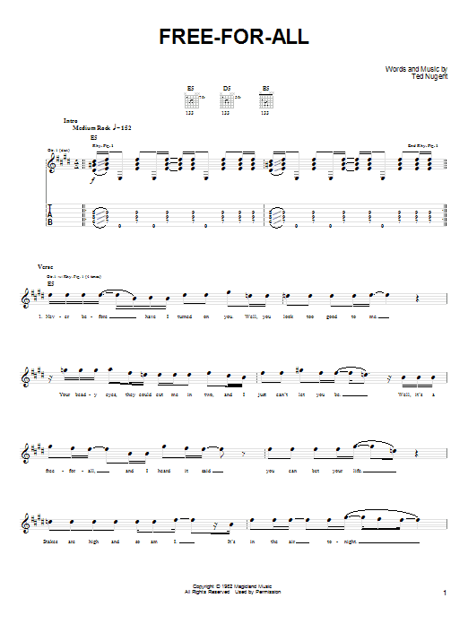 Download Ted Nugent Free-For-All Sheet Music and learn how to play Easy Guitar Tab PDF digital score in minutes