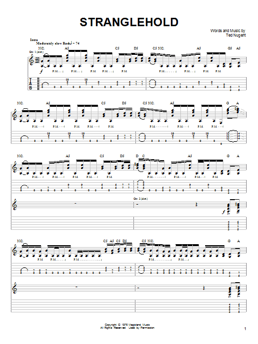 Download Ted Nugent Stranglehold Sheet Music and learn how to play Guitar Tab PDF digital score in minutes