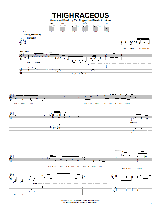 Download Ted Nugent Thighraceous Sheet Music and learn how to play Guitar Tab PDF digital score in minutes