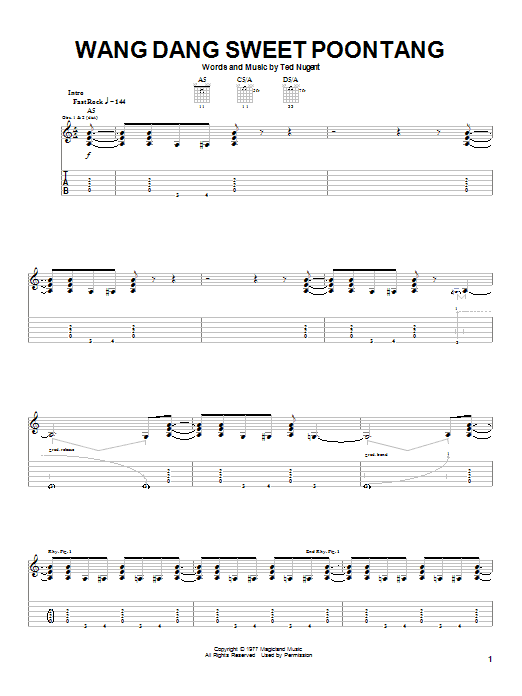 Download Ted Nugent Wang Dang Sweet Poontang Sheet Music and learn how to play Guitar Tab PDF digital score in minutes