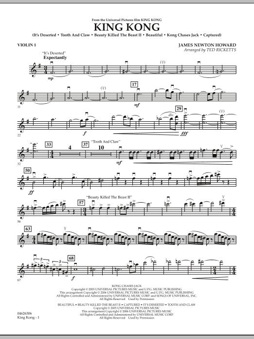 Download Ted Ricketts King Kong - Violin 1 Sheet Music and learn how to play Orchestra PDF digital score in minutes