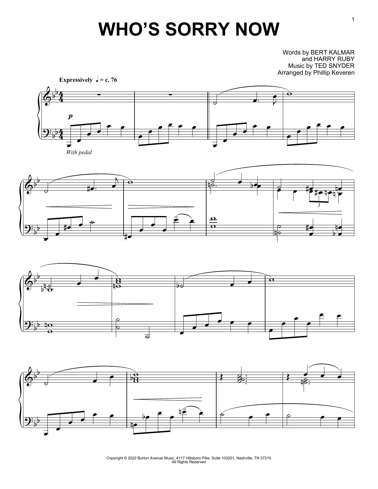Download Ted Snyder Who's Sorry Now (arr. Phillip Keveren) Sheet Music and learn how to play Piano Solo PDF digital score in minutes