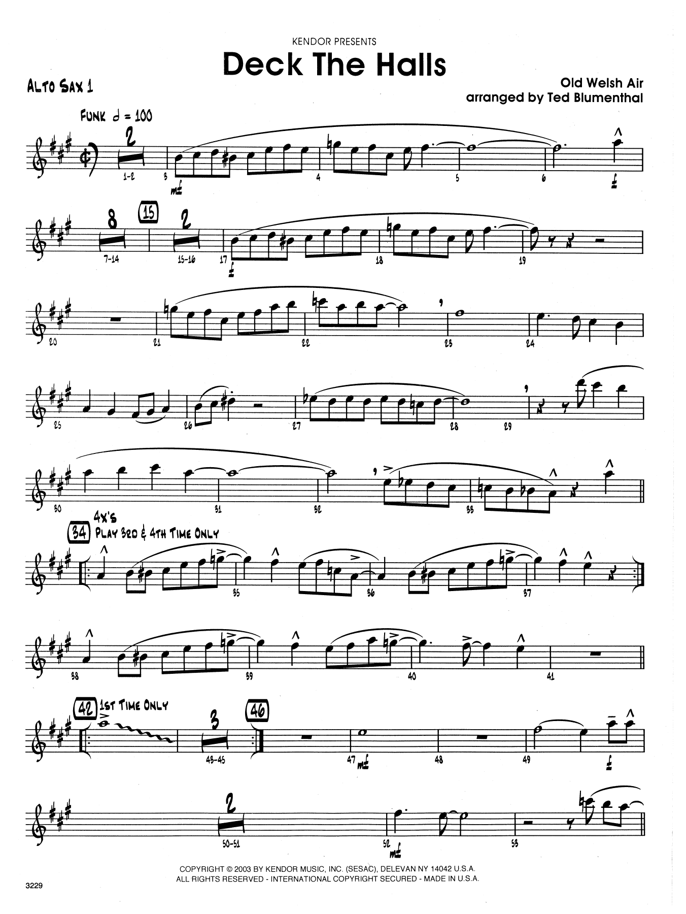 Ted Blumenthal "Deck the Halls 1st Eb Alto Saxophone" Sheet Music