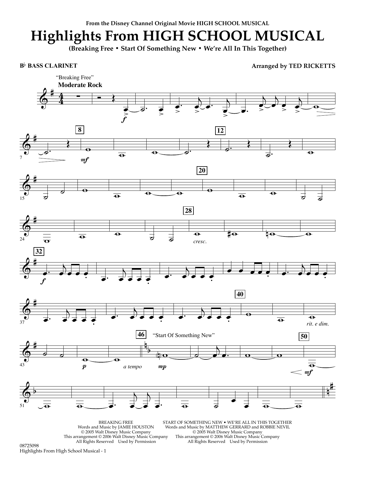 Ted Ricketts Highlights From High School Musical Bb Bass Clarinet Sheet Music Notes 