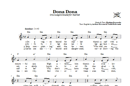 Download Teddi Schwartz Dona Dona (On A Wagon Bound For Market) Sheet Music and learn how to play Melody Line, Lyrics & Chords PDF digital score in minutes