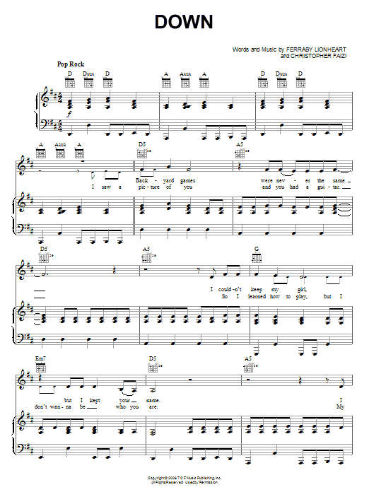 Download Teddy Geiger Down Sheet Music and learn how to play Piano, Vocal & Guitar (Right-Hand Melody) PDF digital score in minutes