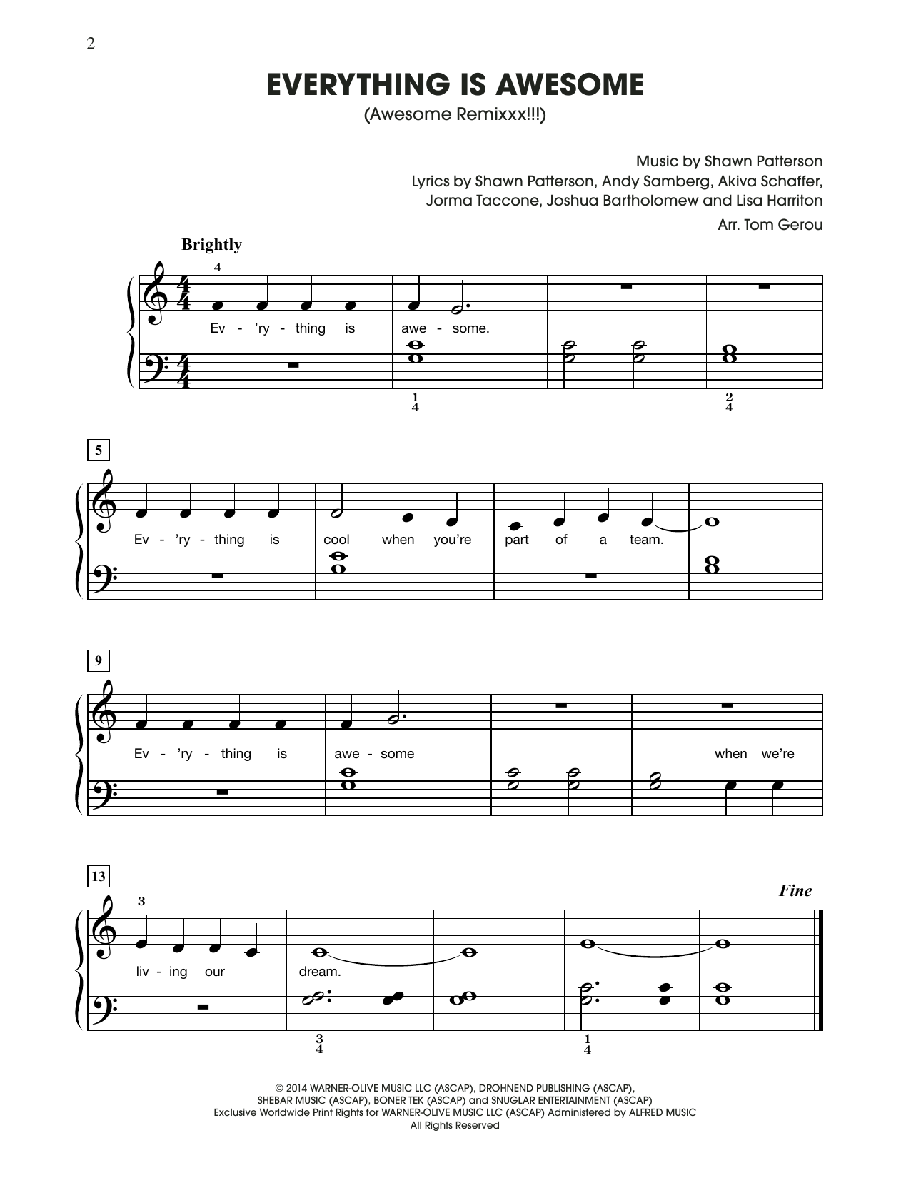 Download Tegan and Sara Everything Is Awesome (from The Lego Movie) (arr. Tom Gerou) Sheet Music and learn how to play Big Note Piano PDF digital score in minutes