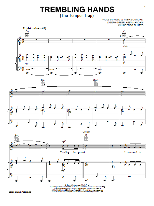 Download Temper Trap Trembling Hands Sheet Music and learn how to play Piano, Vocal & Guitar (Right-Hand Melody) PDF digital score in minutes