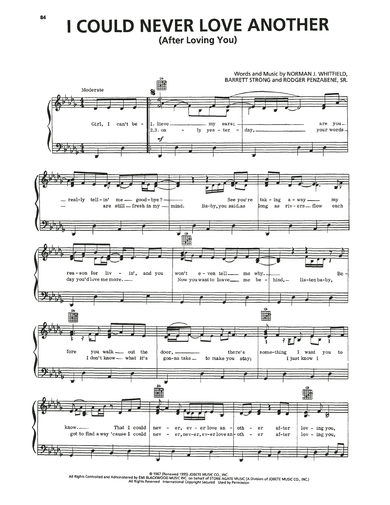 Download Temptations I Could Never Love Another (After Loving You) Sheet Music and learn how to play Piano, Vocal & Guitar Chords (Right-Hand Melody) PDF digital score in minutes