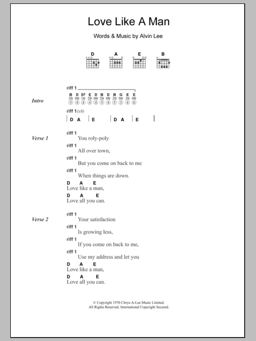 Download Ten Years After Love Like A Man Sheet Music and learn how to play Lyrics & Chords PDF digital score in minutes