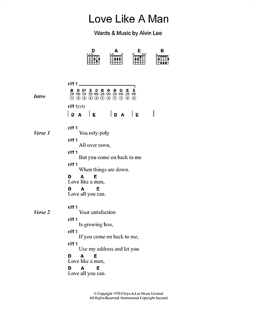Download Ten Years After Love Like A Man Sheet Music and learn how to play Lyrics & Chords PDF digital score in minutes