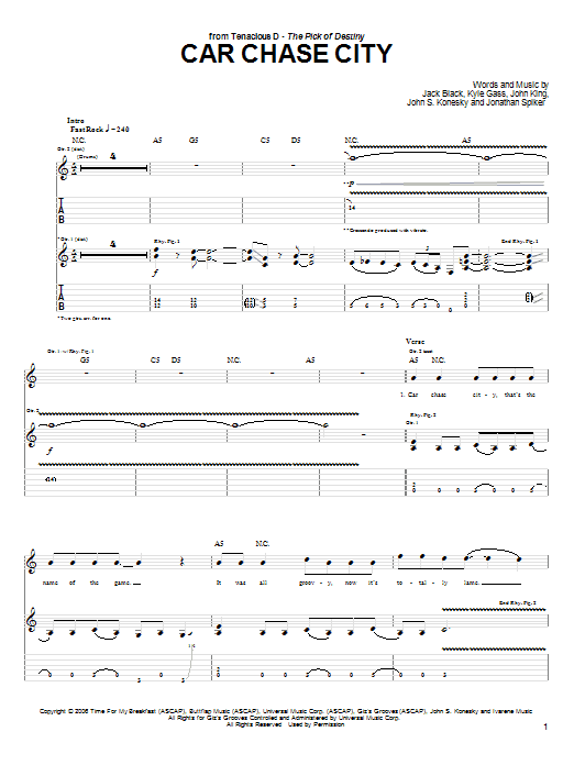 Download Tenacious D Car Chase City Sheet Music and learn how to play Guitar Tab PDF digital score in minutes