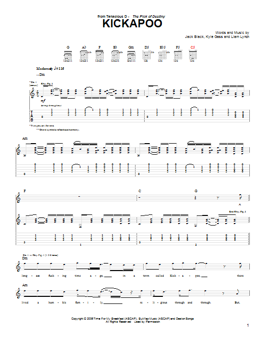 Download Tenacious D Kickapoo Sheet Music and learn how to play Lyrics & Chords PDF digital score in minutes