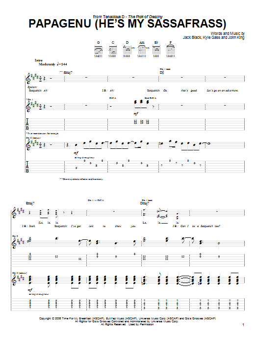 Download Tenacious D Papagenu (He's My Sassafrass) Part 1 Sheet Music and learn how to play Guitar Tab PDF digital score in minutes