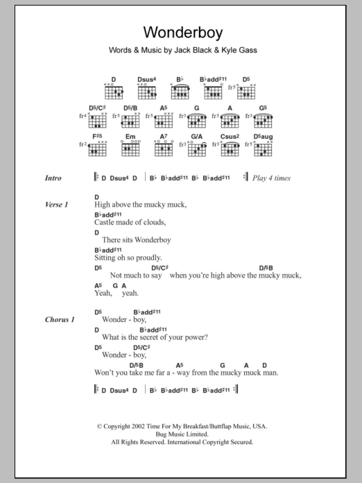 Download Tenacious D Wonderboy Sheet Music and learn how to play Lyrics & Chords PDF digital score in minutes