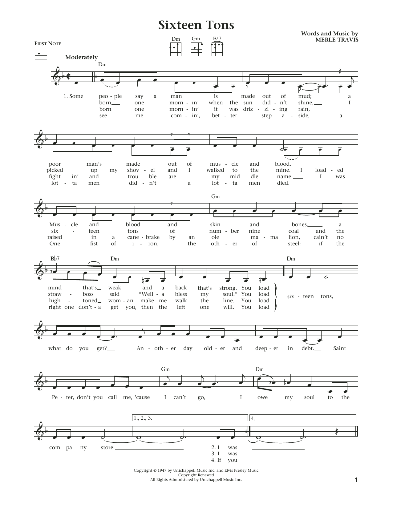 Download Tennessee Ernie Ford Sixteen Tons Sheet Music and learn how to play Ukulele PDF digital score in minutes