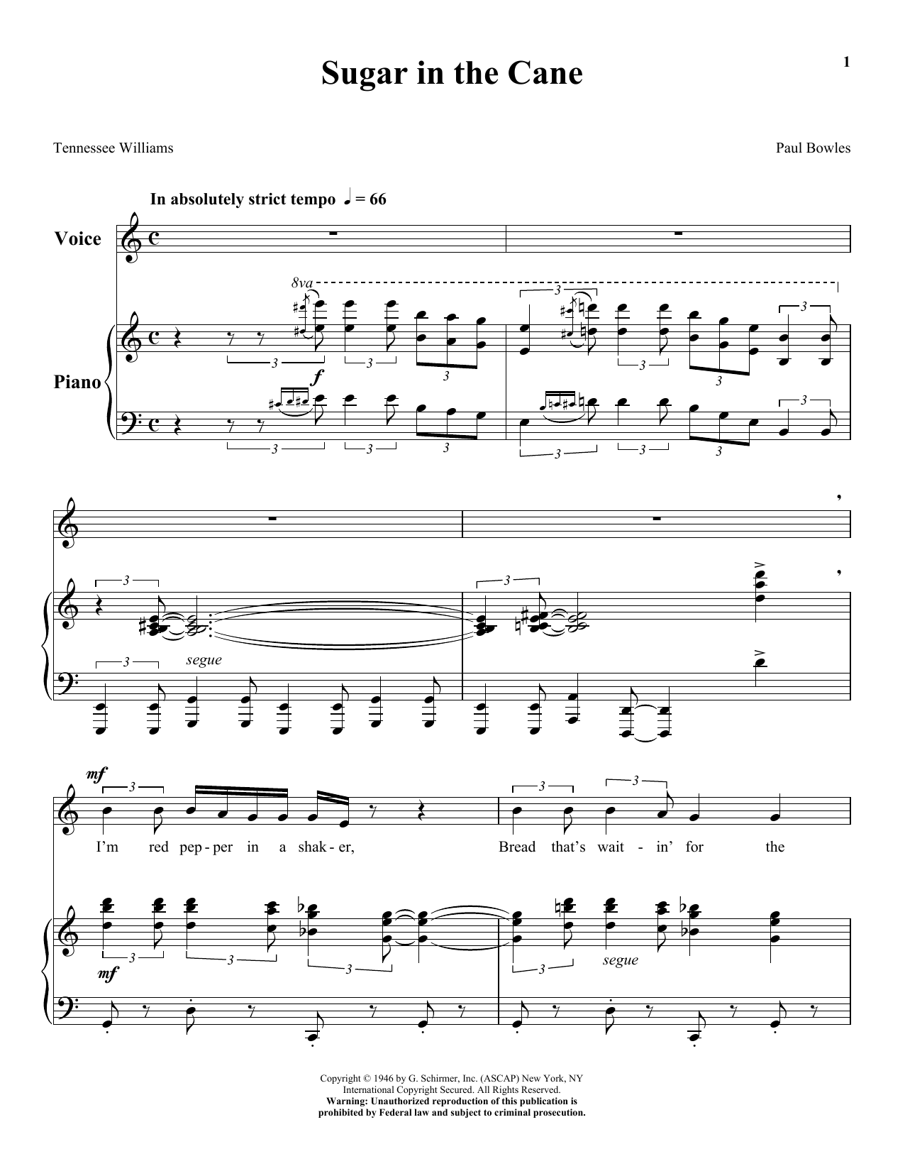 Download Tennessee Williams Sugar In The Cane Sheet Music and learn how to play Piano & Vocal PDF digital score in minutes