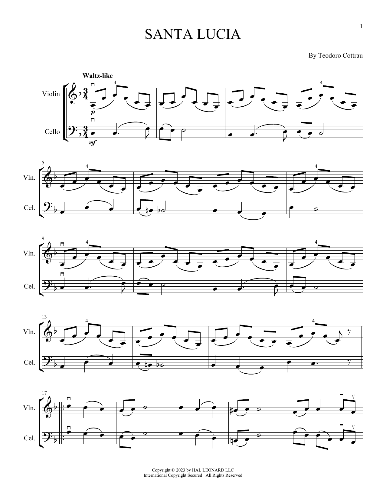 Download Teodoro Cottrau Santa Lucia (arr. Michelle Hynson) Sheet Music and learn how to play Instrumental Duet PDF digital score in minutes