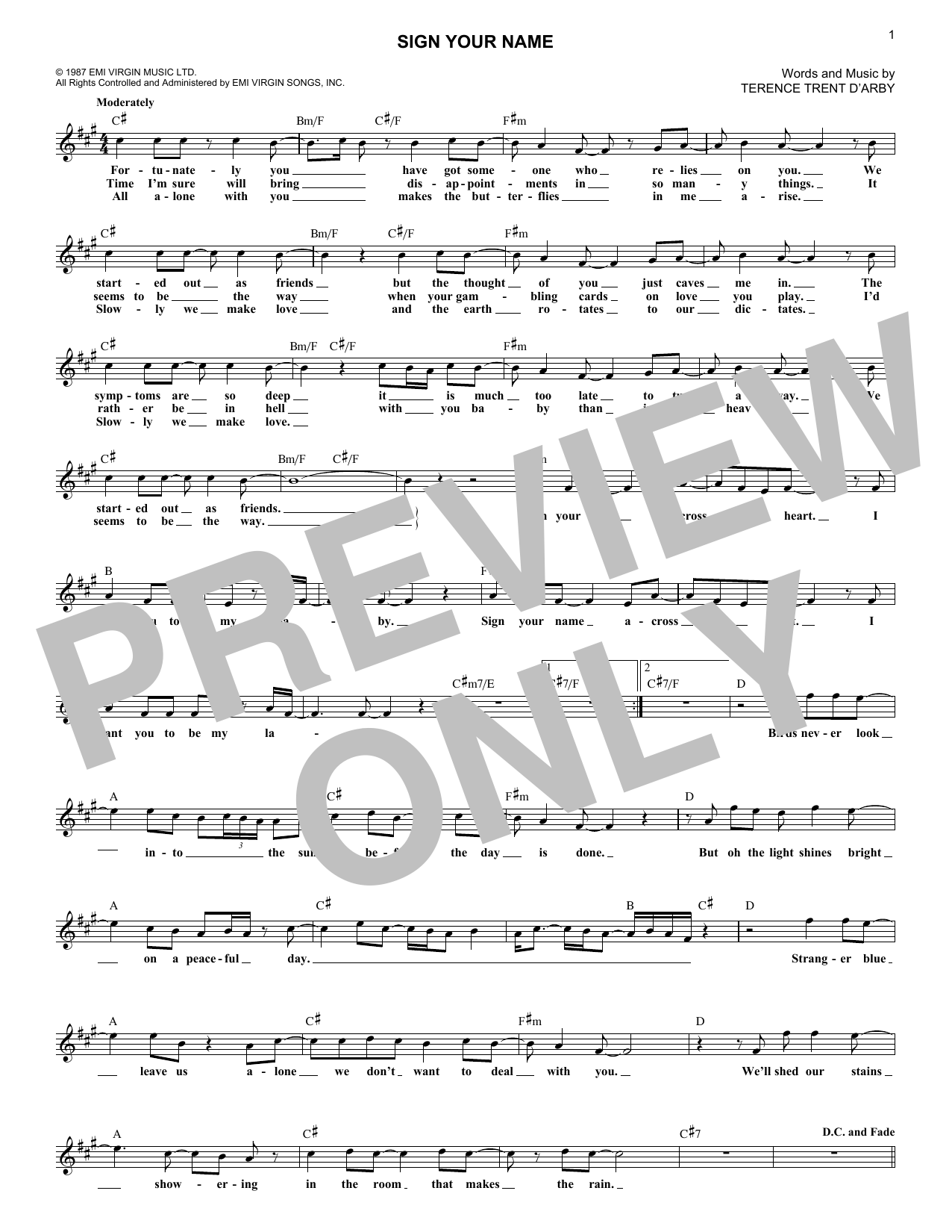 Download Terence Trent D'Arby Sign Your Name Sheet Music and learn how to play Melody Line, Lyrics & Chords PDF digital score in minutes