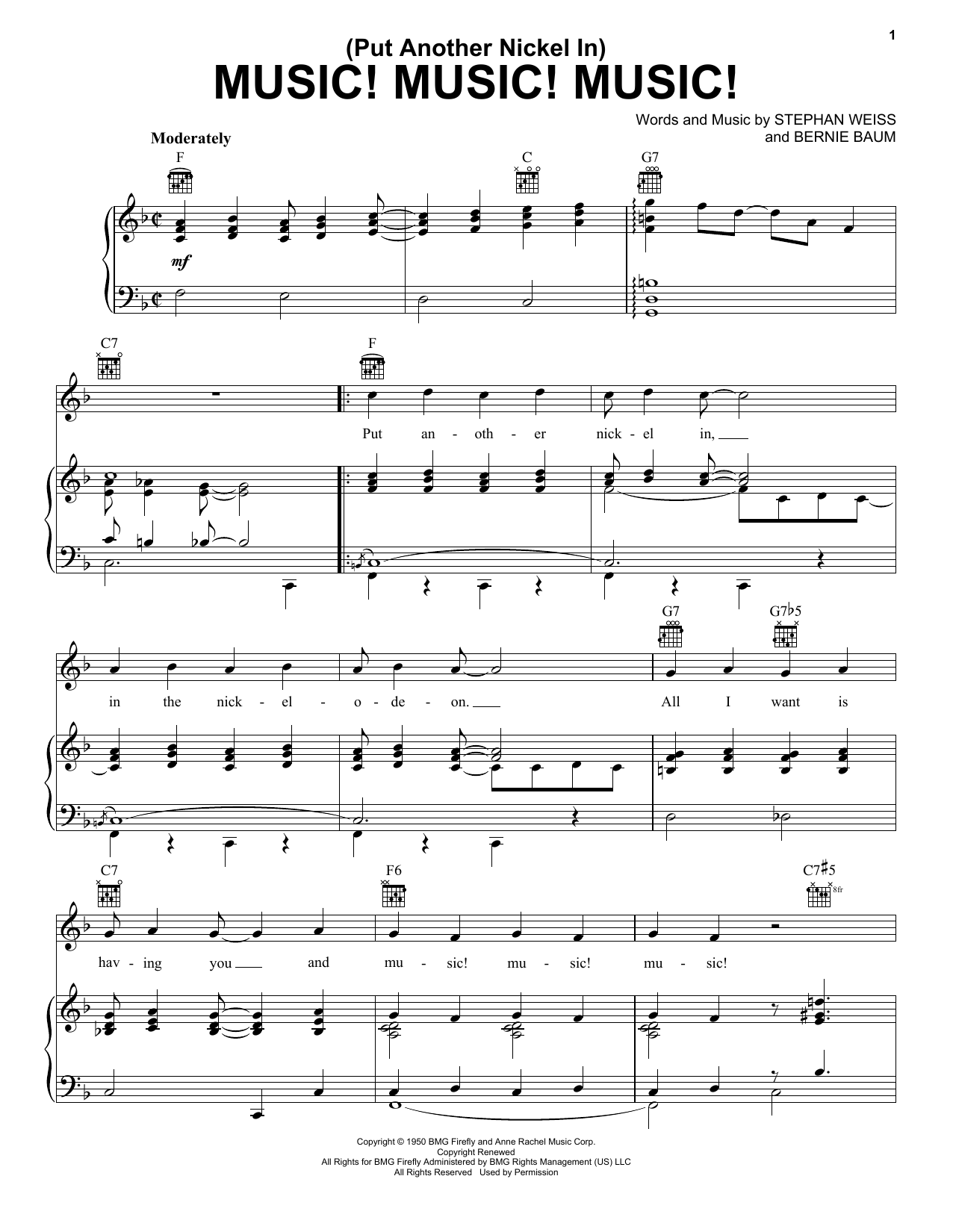 Download Teresa Brewer (Put Another Nickel In) Music! Music! Music! Sheet Music and learn how to play Piano, Vocal & Guitar (Right-Hand Melody) PDF digital score in minutes