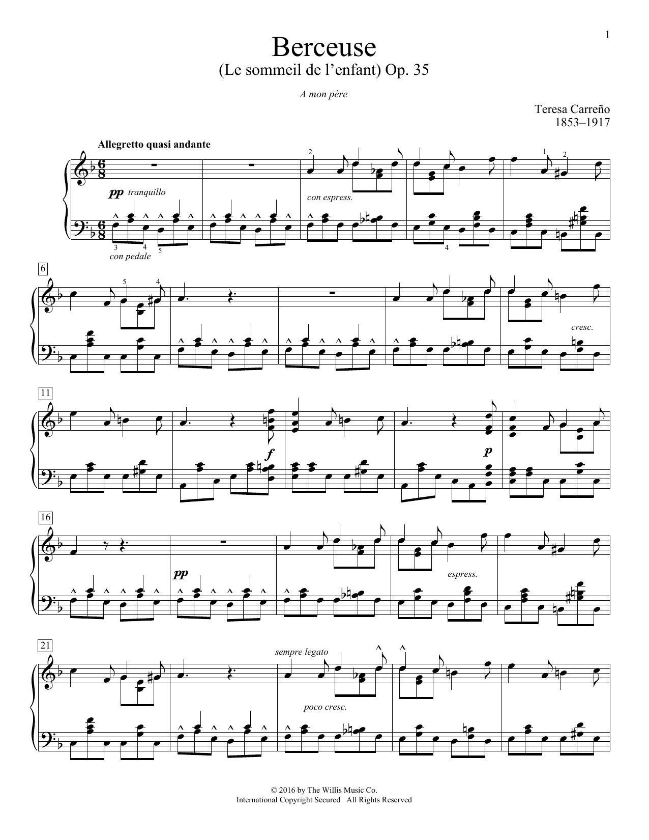 Download Teresa Carreno Berceuse (Le sommeil de l'enfant), Op. 35 Sheet Music and learn how to play Educational Piano PDF digital score in minutes