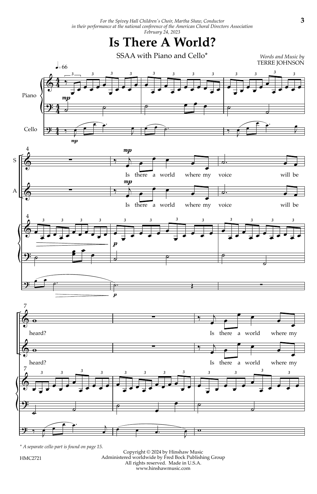 Download Terre Johnson Is There A World? Sheet Music and learn how to play SSAA Choir PDF digital score in minutes