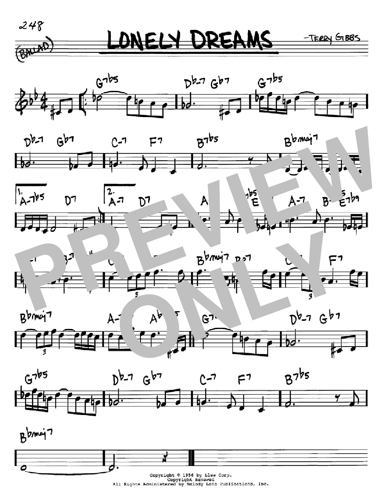 Download Terry Gibbs Lonely Dreams Sheet Music and learn how to play Real Book - Melody & Chords - C Instruments PDF digital score in minutes