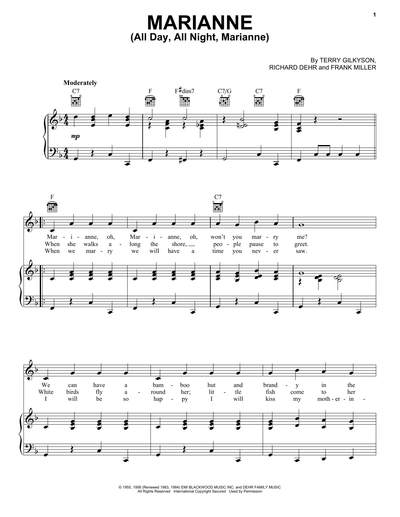 Download Terry Gilkyson & The Easy Riders Marianne (All Day, All Night, Marianne) Sheet Music and learn how to play Piano, Vocal & Guitar Chords (Right-Hand Melody) PDF digital score in minutes