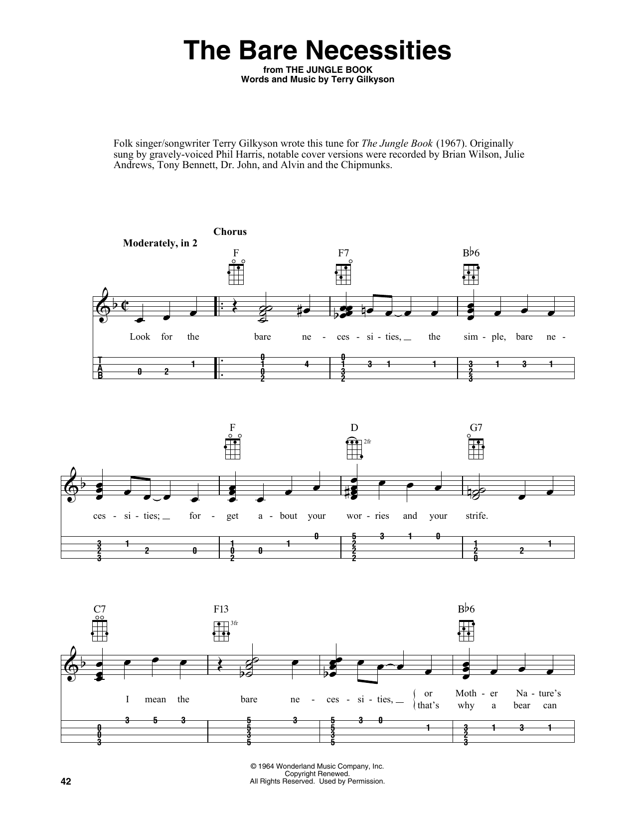 Download Terry Gilkyson The Bare Necessities (from The Jungle Book) (arr. Fred Sokolow) Sheet Music and learn how to play Easy Ukulele Tab PDF digital score in minutes