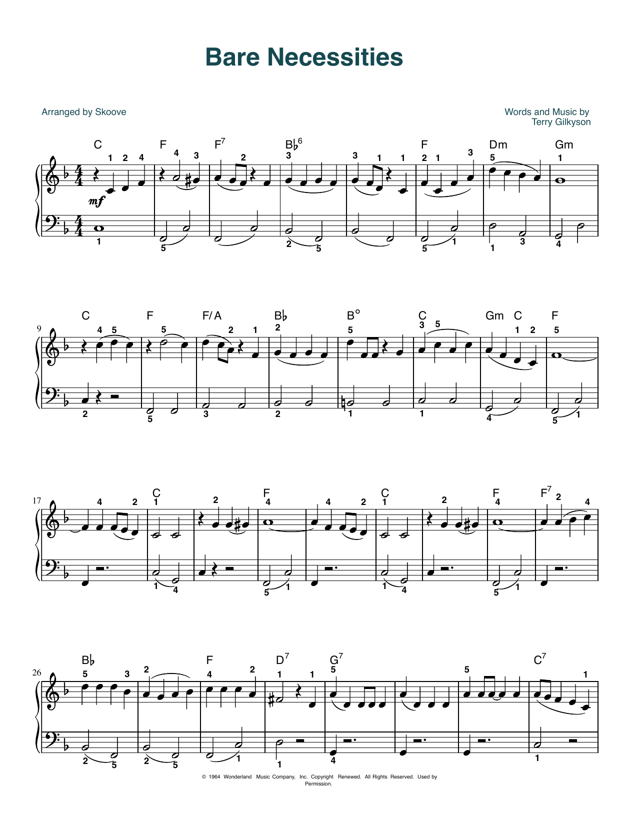 Download Terry Gilkyson The Bare Necessities (from The Jungle Book) (arr. Skoove) Sheet Music and learn how to play Beginner Piano (Abridged) PDF digital score in minutes