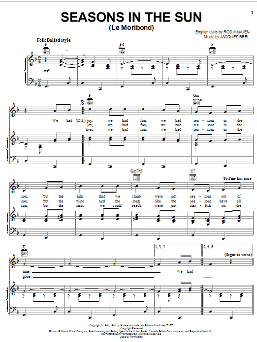 Download Terry Jacks Seasons In The Sun (Le Moribond) Sheet Music and learn how to play Piano, Vocal & Guitar (Right-Hand Melody) PDF digital score in minutes