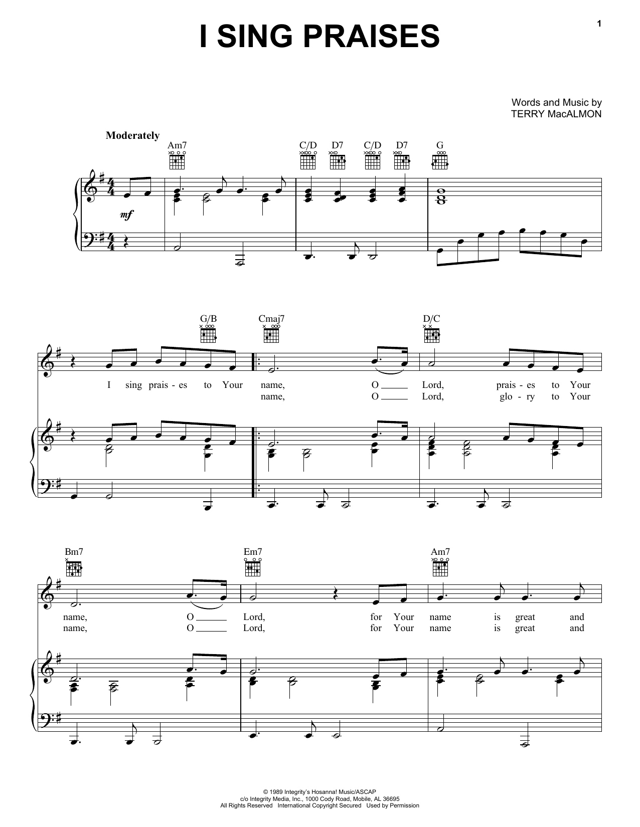 Download Terry MacAlmon I Sing Praises Sheet Music and learn how to play Easy Piano PDF digital score in minutes