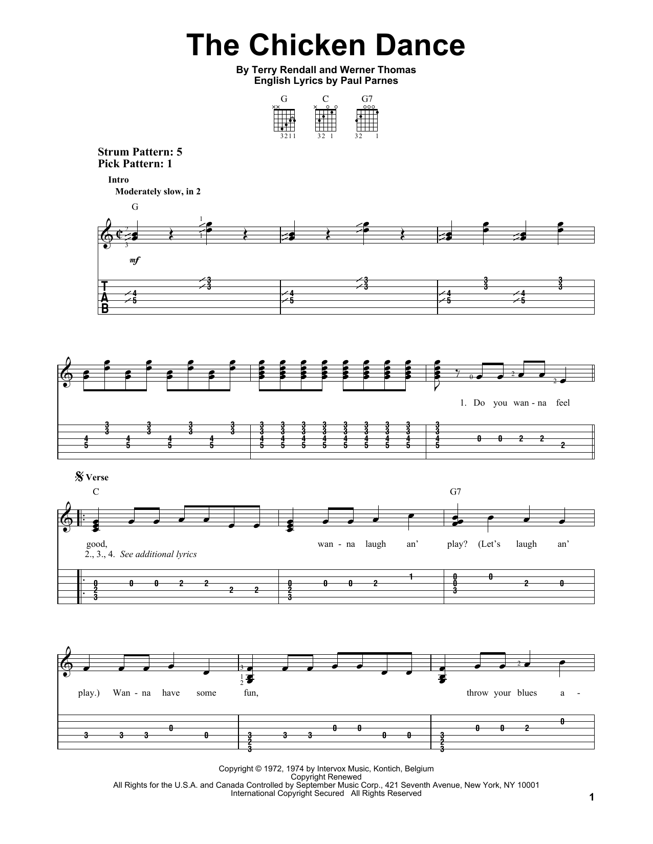 Download Terry Rendall The Chicken Dance Sheet Music and learn how to play Easy Guitar Tab PDF digital score in minutes