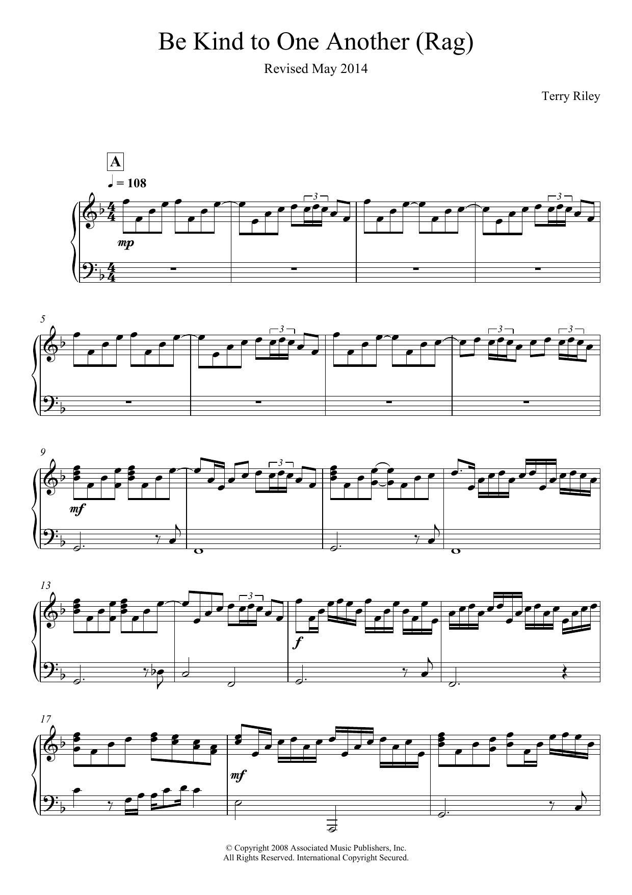 Download Terry Riley Be Kind To One Another (Rag) Sheet Music and learn how to play Piano PDF digital score in minutes