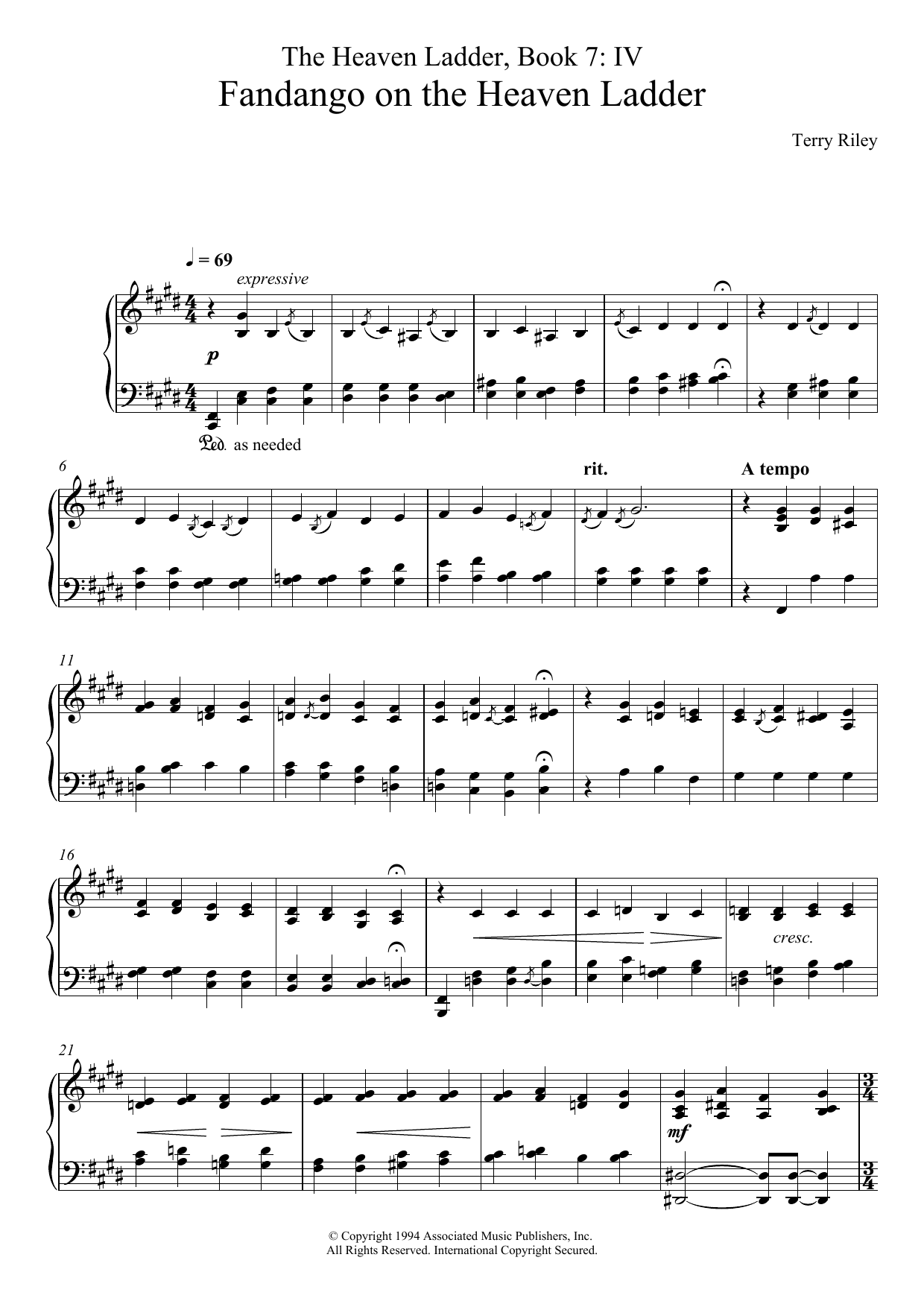 Download Terry Riley Fandango On The Heaven Ladder (No.4 From The Heaven Ladder Book 7) Sheet Music and learn how to play Piano PDF digital score in minutes