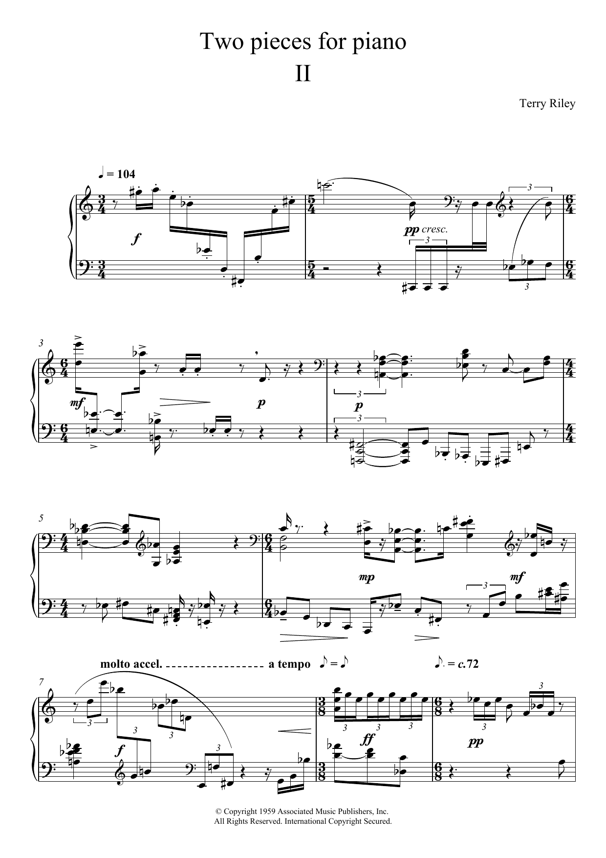 Download Terry Riley Two Pieces For Piano - II. Sheet Music and learn how to play Piano PDF digital score in minutes