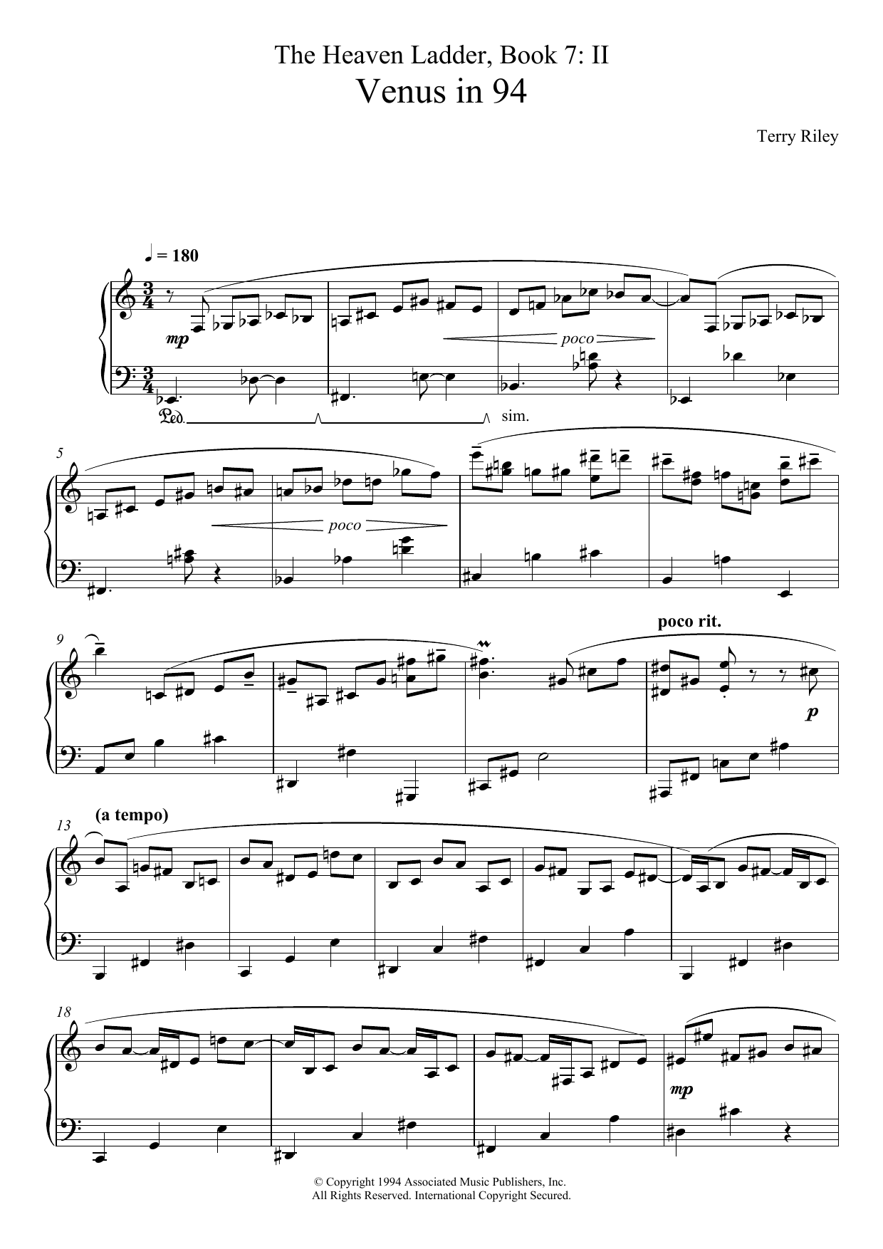 Download Terry Riley Venus In 94 (No.2 From The Heaven Ladder Book 7) Sheet Music and learn how to play Piano PDF digital score in minutes